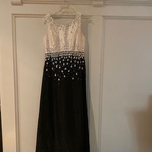 Black and white Kay Unger formal gown with sequins; high-low hem; worn once.